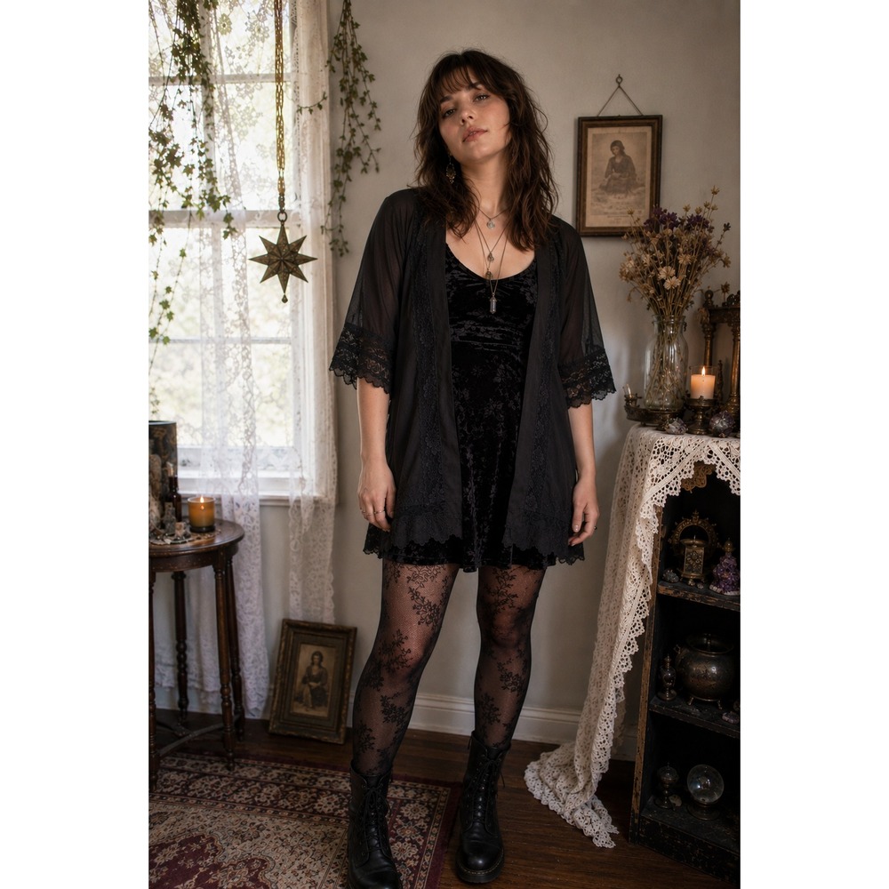 Cato Black Sheer Kimono Cardigan L Lace Trim Fairy Grunge Whimsigoth Boho